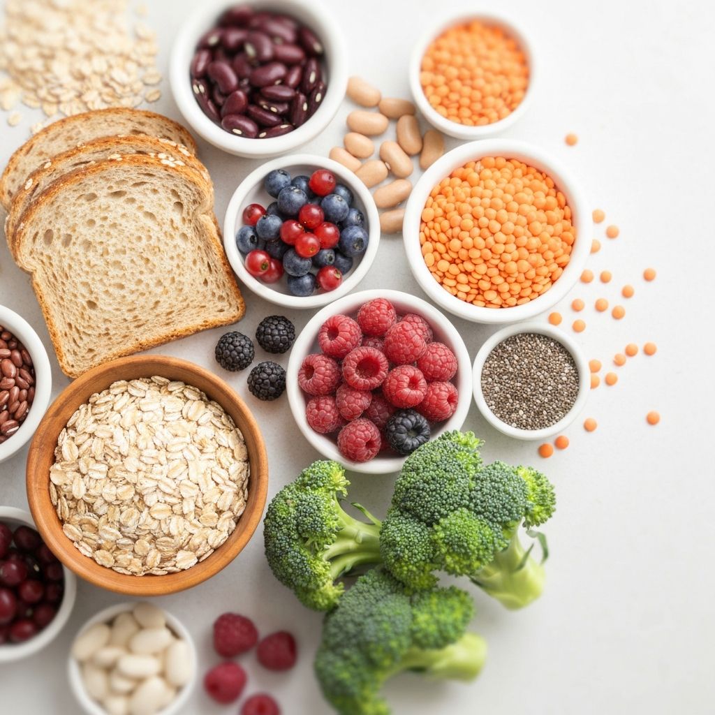High-fiber foods including whole grains, beans, and vegetables