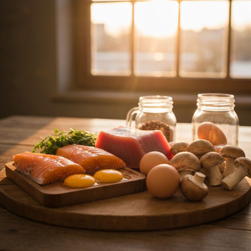 Natural sunlight on foods rich in Vitamin D like fish and egg yolks